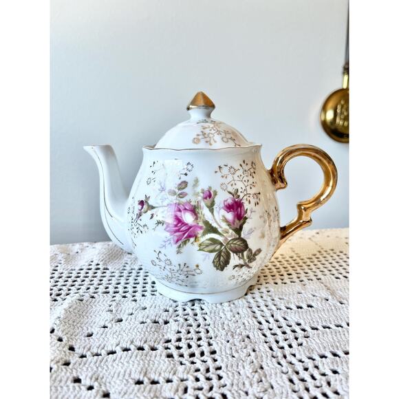 Japanese Pink and Blue Floral Tea Pot with Gold Trim Details - Picture 1 of 6